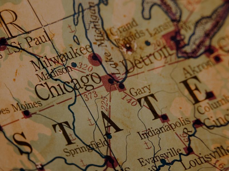 A close-up of a road map between cities in the Midwest region of the United States. 